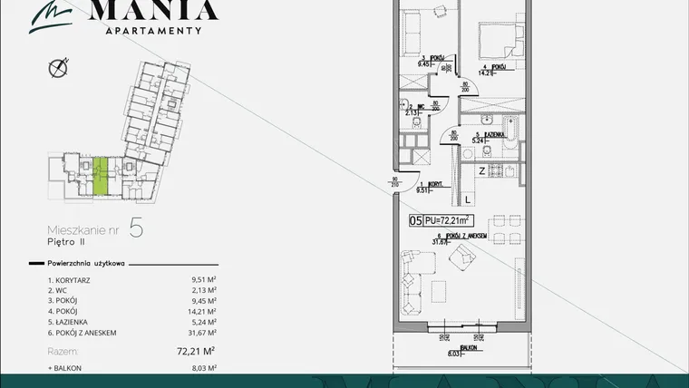 Rzut - Mieszkanie na sprzedaż 3 pokoje o powierzchni 72,21 m² - numer 5 w MANIA Apartamenty