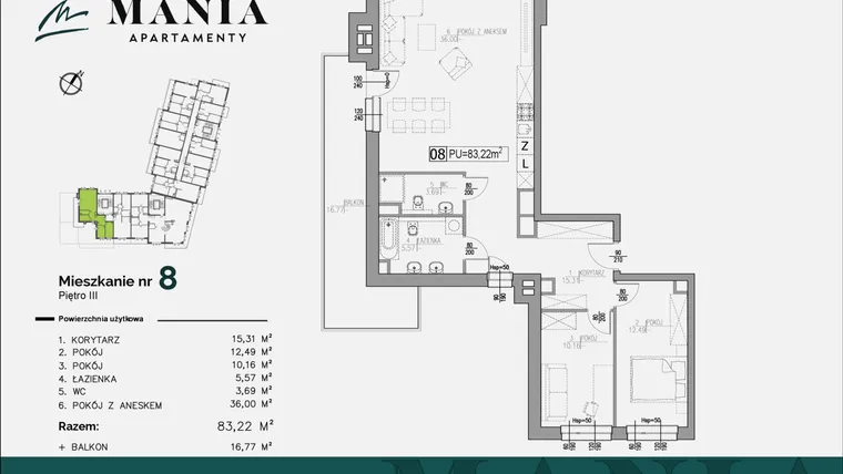 Rzut - Mieszkanie na sprzedaż 3 pokoje o powierzchni 83,22 m² - numer 8 w MANIA Apartamenty