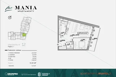 Rzut - Mieszkanie na sprzedaż 2 pokoje o powierzchni 51,91 m² - numer 12 w MANIA Apartamenty