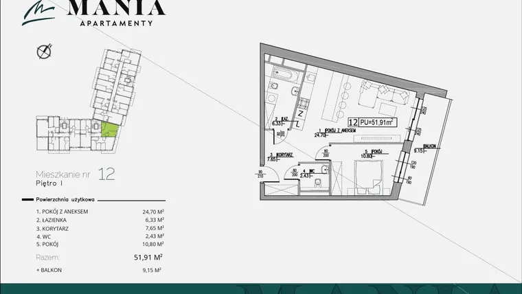 Rzut - Mieszkanie na sprzedaż 2 pokoje o powierzchni 51,91 m² - numer 12 w MANIA Apartamenty