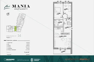 Rzut - Mieszkanie na sprzedaż 3 pokoje o powierzchni 72,44 m² - numer 14 w MANIA Apartamenty