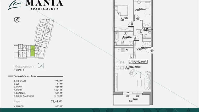 Rzut - Mieszkanie na sprzedaż 3 pokoje o powierzchni 72,44 m² - numer 14 w MANIA Apartamenty