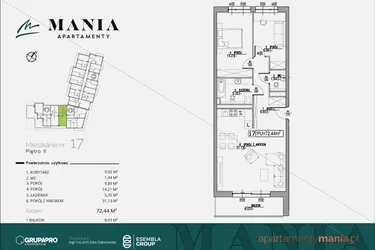 Rzut - Mieszkanie na sprzedaż 3 pokoje o powierzchni 72,44 m² - numer 17 w MANIA Apartamenty
