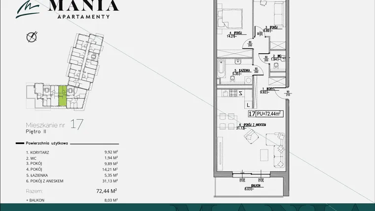 Rzut - Mieszkanie na sprzedaż 3 pokoje o powierzchni 72,44 m² - numer 17 w MANIA Apartamenty