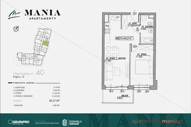 Rzut - Mieszkanie na sprzedaż 2 pokoje o powierzchni 40,27 m² - numer 40 w MANIA Apartamenty