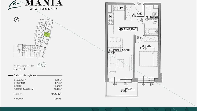 Rzut - Mieszkanie na sprzedaż 2 pokoje o powierzchni 40,27 m² - numer 40 w MANIA Apartamenty