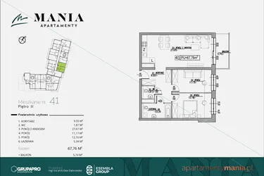Rzut - Mieszkanie na sprzedaż 3 pokoje o powierzchni 67,76 m² - numer 41 w MANIA Apartamenty