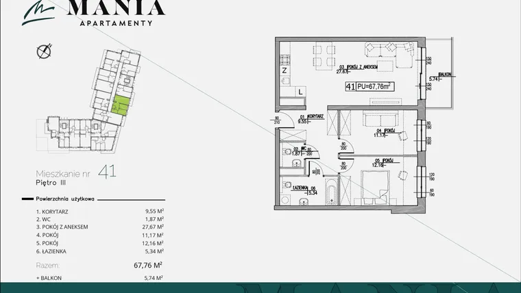Rzut - Mieszkanie na sprzedaż 3 pokoje o powierzchni 67,76 m² - numer 41 w MANIA Apartamenty