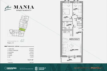 Rzut - Mieszkanie na sprzedaż 3 pokoje o powierzchni 74,91 m² - numer 42 w MANIA Apartamenty