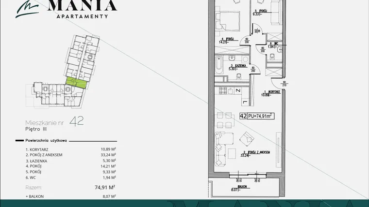 Rzut - Mieszkanie na sprzedaż 3 pokoje o powierzchni 74,91 m² - numer 42 w MANIA Apartamenty