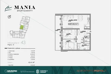 Rzut - Mieszkanie na sprzedaż 3 pokoje o powierzchni 62,41 m² - numer 43 w MANIA Apartamenty