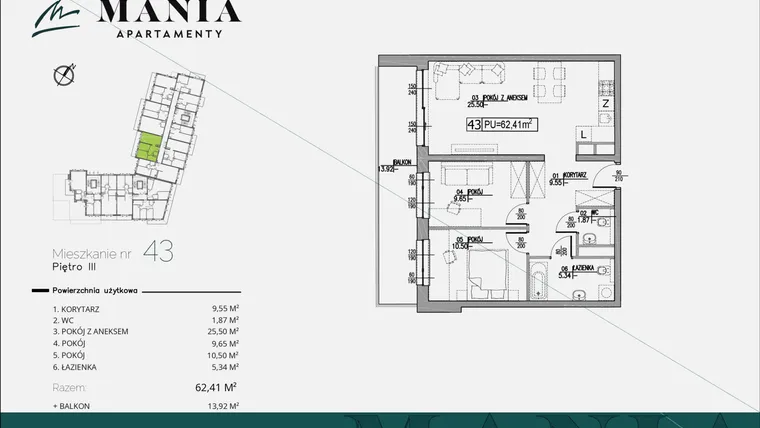 Rzut - Mieszkanie na sprzedaż 3 pokoje o powierzchni 62,41 m² - numer 43 w MANIA Apartamenty