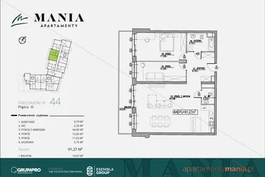 Rzut - Mieszkanie na sprzedaż 3 pokoje o powierzchni 91,27 m² - numer 44 w MANIA Apartamenty