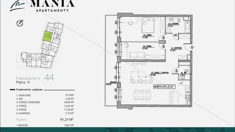 Rzut - Mieszkanie na sprzedaż 3 pokoje o powierzchni 91,27 m² - numer 44 w MANIA Apartamenty