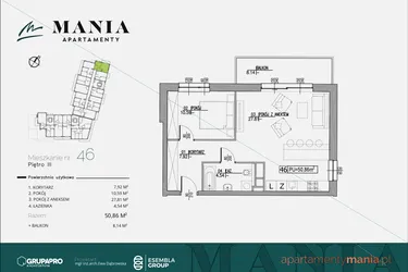 Rzut - Mieszkanie na sprzedaż 2 pokoje o powierzchni 50,86 m² - numer 46 w MANIA Apartamenty
