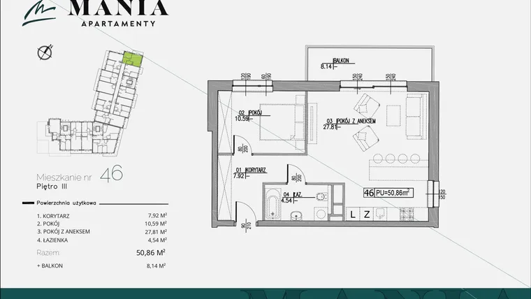 Rzut - Mieszkanie na sprzedaż 2 pokoje o powierzchni 50,86 m² - numer 46 w MANIA Apartamenty