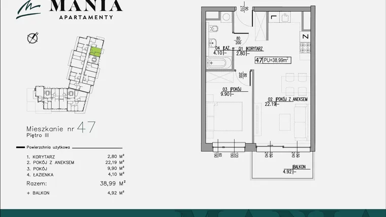Rzut - Mieszkanie na sprzedaż 2 pokoje o powierzchni 38,99 m² - numer 47 w MANIA Apartamenty