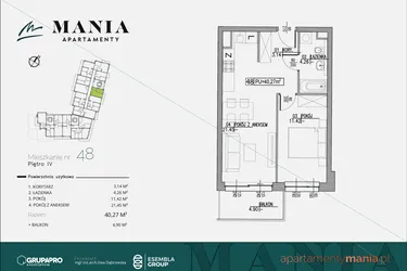 Rzut - Mieszkanie na sprzedaż 2 pokoje o powierzchni 40,27 m² - numer 48 w MANIA Apartamenty