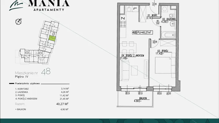 Rzut - Mieszkanie na sprzedaż 2 pokoje o powierzchni 40,27 m² - numer 48 w MANIA Apartamenty