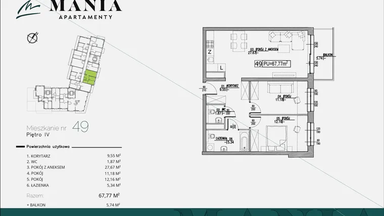 Rzut - Mieszkanie na sprzedaż 3 pokoje o powierzchni 67,77 m² - numer 49 w MANIA Apartamenty