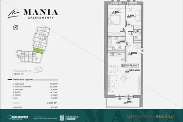 Rzut - Mieszkanie na sprzedaż 3 pokoje o powierzchni 74,91 m² - numer 50 w MANIA Apartamenty