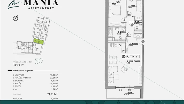 Rzut - Mieszkanie na sprzedaż 3 pokoje o powierzchni 74,91 m² - numer 50 w MANIA Apartamenty