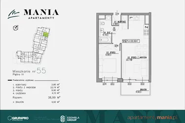 Rzut - Mieszkanie na sprzedaż 2 pokoje o powierzchni 38,99 m² - numer 55 w MANIA Apartamenty