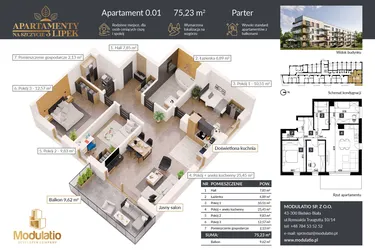 Rzut - Mieszkanie na sprzedaż 4 pokoje o powierzchni 77,55 m² - numer A.0.01 w Apartamenty na Szczycie 3 Lipek