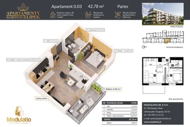 Rzut - Mieszkanie na sprzedaż 2 pokoje o powierzchni 43,04 m² - numer A.0.03 w Apartamenty na Szczycie 3 Lipek