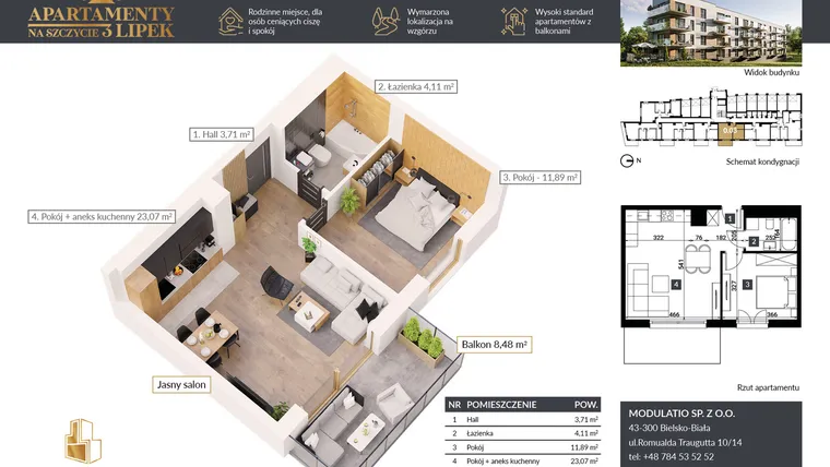 Rzut - Mieszkanie na sprzedaż 2 pokoje o powierzchni 43,04 m² - numer A.0.03 w Apartamenty na Szczycie 3 Lipek