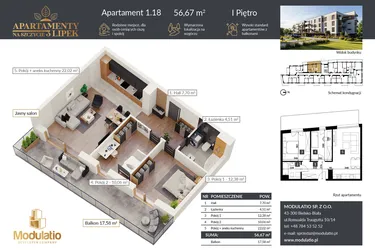 Rzut - Mieszkanie na sprzedaż 3 pokoje o powierzchni 56,96 m² - numer A.1.18 w Apartamenty na Szczycie 3 Lipek