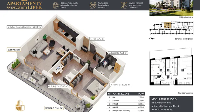 Rzut - Mieszkanie na sprzedaż 3 pokoje o powierzchni 56,96 m² - numer A.1.18 w Apartamenty na Szczycie 3 Lipek