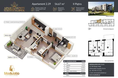 Rzut - Mieszkanie na sprzedaż 3 pokoje o powierzchni 56,67 m² - numer A.2.29 w Apartamenty na Szczycie 3 Lipek