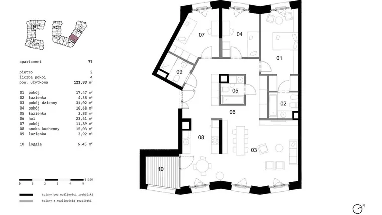 Rzut - Mieszkanie na sprzedaż 4 pokoje o powierzchni 121,83 m² - numer 77 w Solna 6