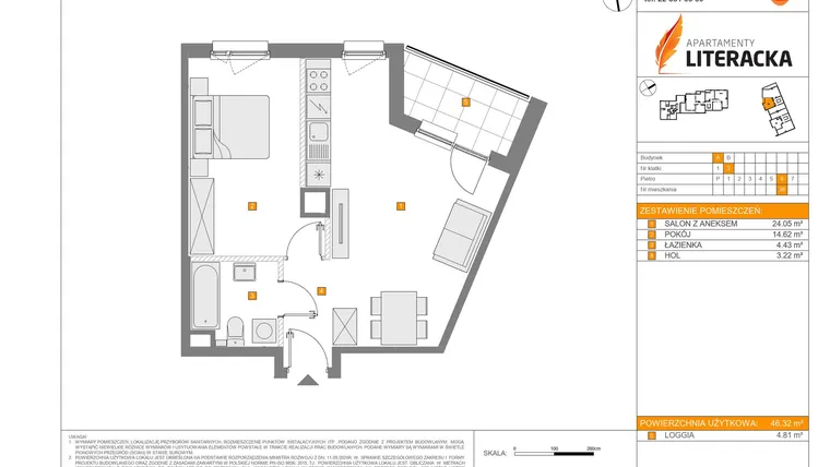 Rzut - Mieszkanie na sprzedaż 2 pokoje o powierzchni 46,32 m² - numer A.38 w Apartamenty Literacka