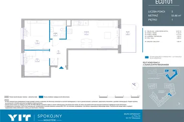 Rzut - Mieszkanie na sprzedaż 3 pokoje o powierzchni 55,9 m² - numer EC0101 w Spokojny Mokotów