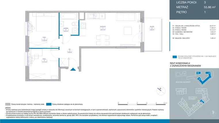 Rzut - Mieszkanie na sprzedaż 3 pokoje o powierzchni 55,9 m² - numer EC0101 w Spokojny Mokotów