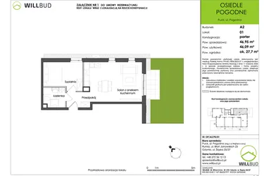 Rzut - Mieszkanie na sprzedaż 2 pokoje o powierzchni 46,09 m² - numer OP/A2/P0/01 w Osiedle Pogodne etap I
