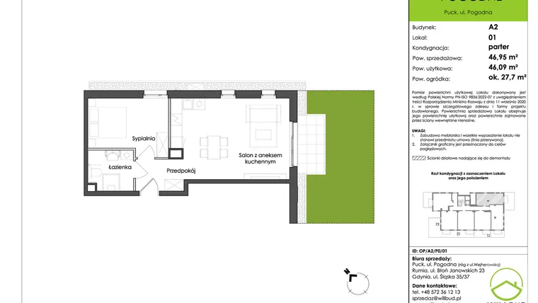 Rzut - Mieszkanie na sprzedaż 2 pokoje o powierzchni 46,09 m² - numer OP/A2/P0/01 w Osiedle Pogodne etap I