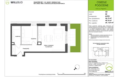 Rzut - Mieszkanie na sprzedaż 2 pokoje o powierzchni 45,14 m² - numer OP/A2/P0/02 w Osiedle Pogodne etap I