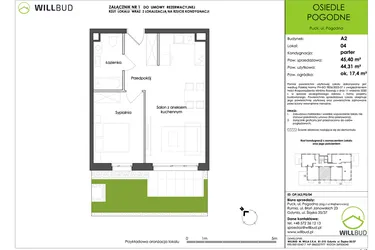 Rzut - Mieszkanie na sprzedaż 2 pokoje o powierzchni 44,31 m² - numer OP/A2/P0/04 w Osiedle Pogodne etap I