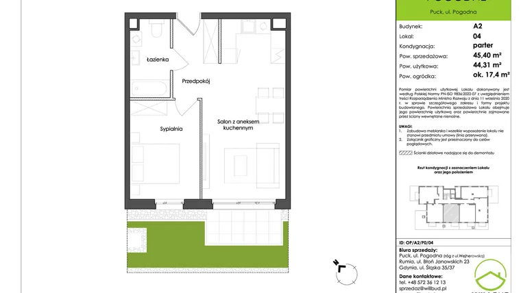 Rzut - Mieszkanie na sprzedaż 2 pokoje o powierzchni 44,31 m² - numer OP/A2/P0/04 w Osiedle Pogodne etap I