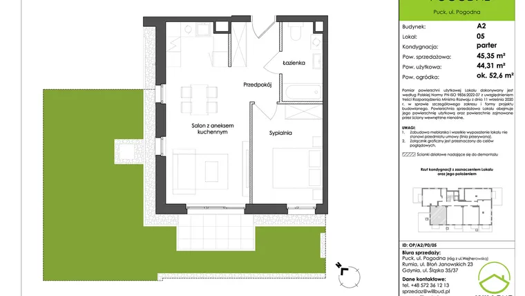 Rzut - Mieszkanie na sprzedaż 2 pokoje o powierzchni 44,31 m² - numer OP/A2/P0/05 w Osiedle Pogodne etap I