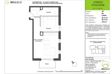 Rzut - Mieszkanie na sprzedaż 2 pokoje o powierzchni 45,14 m² - numer OP/A2/P1/08 w Osiedle Pogodne etap I