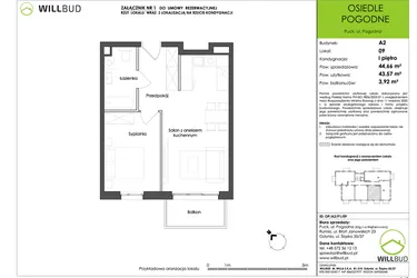 Rzut - Mieszkanie na sprzedaż 2 pokoje o powierzchni 43,57 m² - numer OP/A2/P1/09 w Osiedle Pogodne etap I