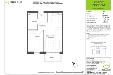 Rzut - Mieszkanie na sprzedaż 2 pokoje o powierzchni 44,31 m² - numer OP/A2/P1/10 w Osiedle Pogodne etap I