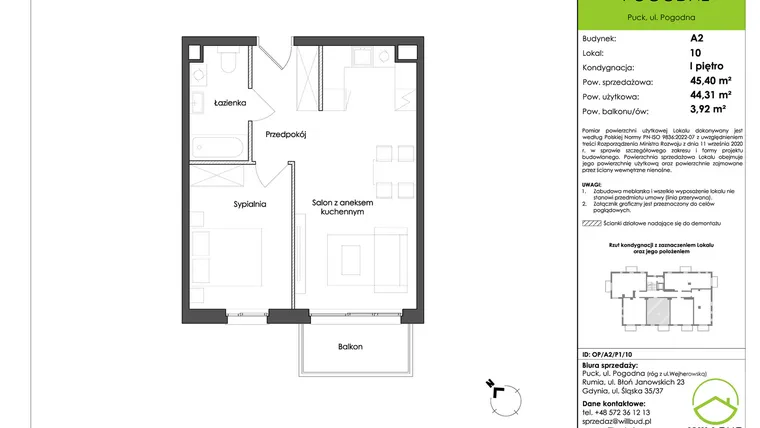 Rzut - Mieszkanie na sprzedaż 2 pokoje o powierzchni 44,31 m² - numer OP/A2/P1/10 w Osiedle Pogodne etap I