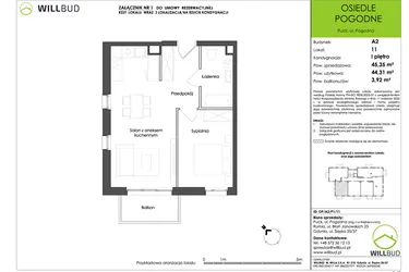 Rzut - Mieszkanie na sprzedaż 2 pokoje o powierzchni 44,31 m² - numer OP/A2/P1/11 w Osiedle Pogodne etap I