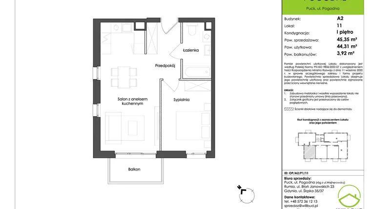 Rzut - Mieszkanie na sprzedaż 2 pokoje o powierzchni 44,31 m² - numer OP/A2/P1/11 w Osiedle Pogodne etap I