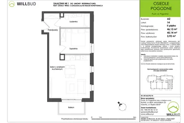Rzut - Mieszkanie na sprzedaż 2 pokoje o powierzchni 45,14 m² - numer OP/A2/P2/14 w Osiedle Pogodne etap I